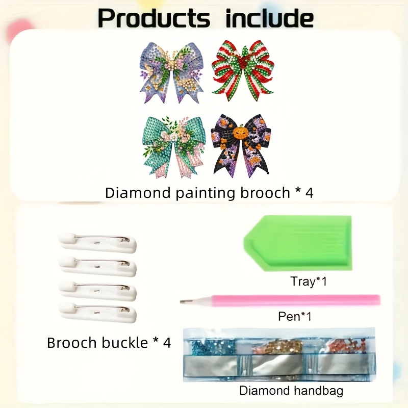 4pcs Bow-Themed Diamond Painting Brooch Set